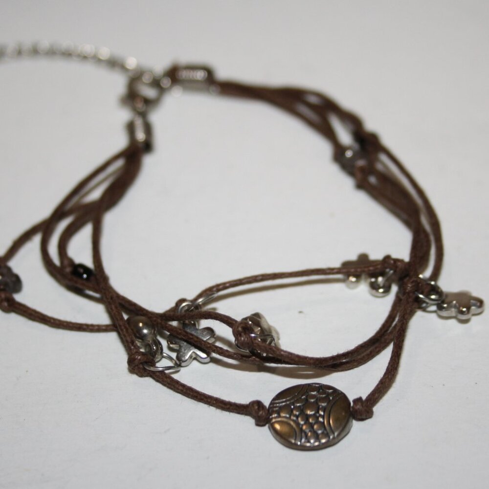 Beautiful brown cord and silver charm bracelet 8-9.5" long